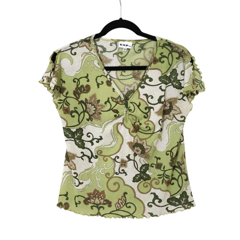 Vintage EXP Green Floral Lettuce Hem Flutter Split Sleeve Blouse 10 90s Y2K Boho
